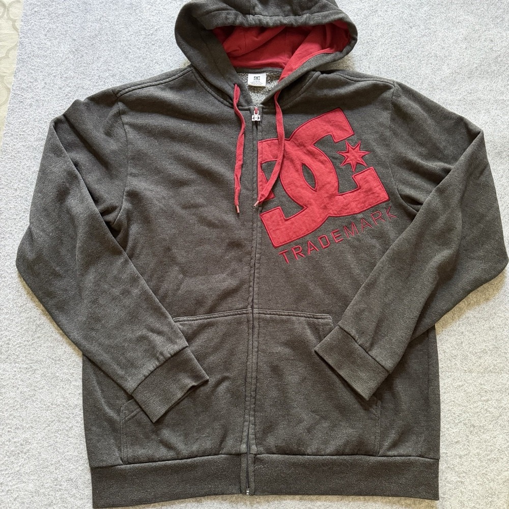 Vintage 2000s DC Skate Hoodie Big Logo Full Zip DC Shoes Gray & Maroon Size L